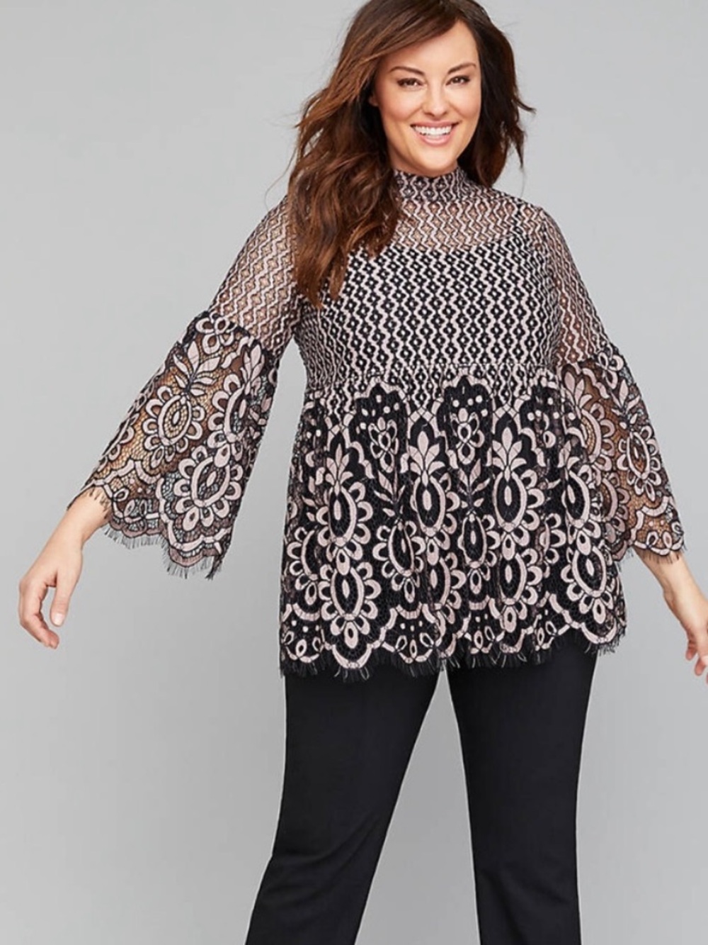 Lane Bryant Black Lace Tunic with Blush Underlay